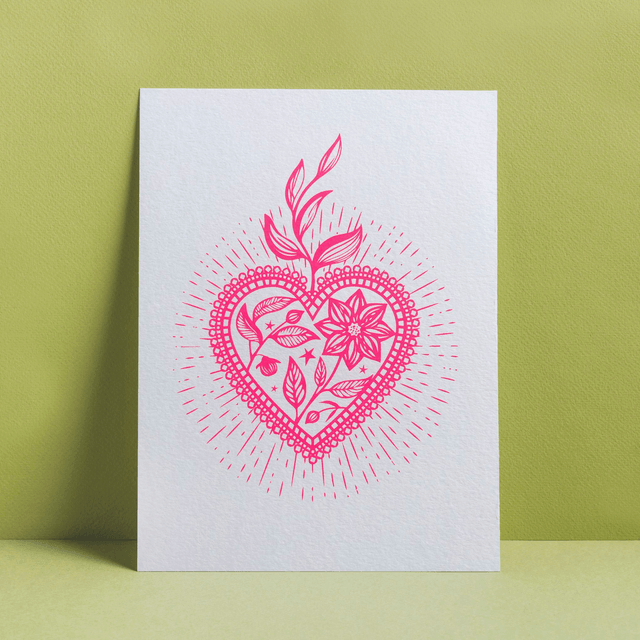 AFFICHE COEUR ROSE FLUO