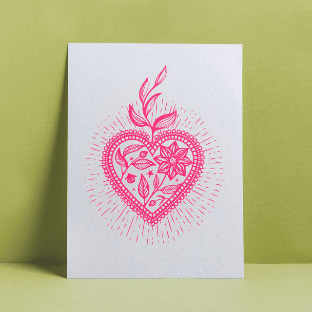 AFFICHE COEUR ROSE FLUO